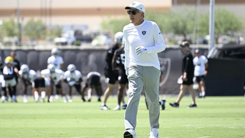 Jun 11, 2025; Henderson, NV, USA; Las Vegas Raiders head coach Pete Carroll runs down the field during Las Vegas Raiders Minicamp at Intermountain Health Performance Center.