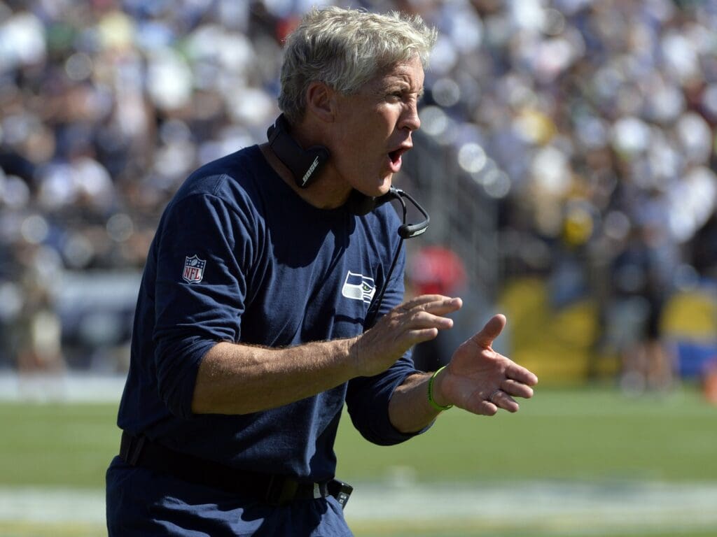Sep 14, 2014; San Diego, CA, USA; Seattle Seahawks head coach Pete Carroll reacts to a third quarter touchdown against the San Diego Chargers at Qualcomm Stadium.