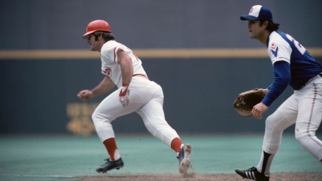 Jun 22, 1974; Cincinnati, OH, USA; FILE PHOTO; Cincinnati Reds base runner Pete Rose in action against the Atlanta Braves at Riverfront Stadium