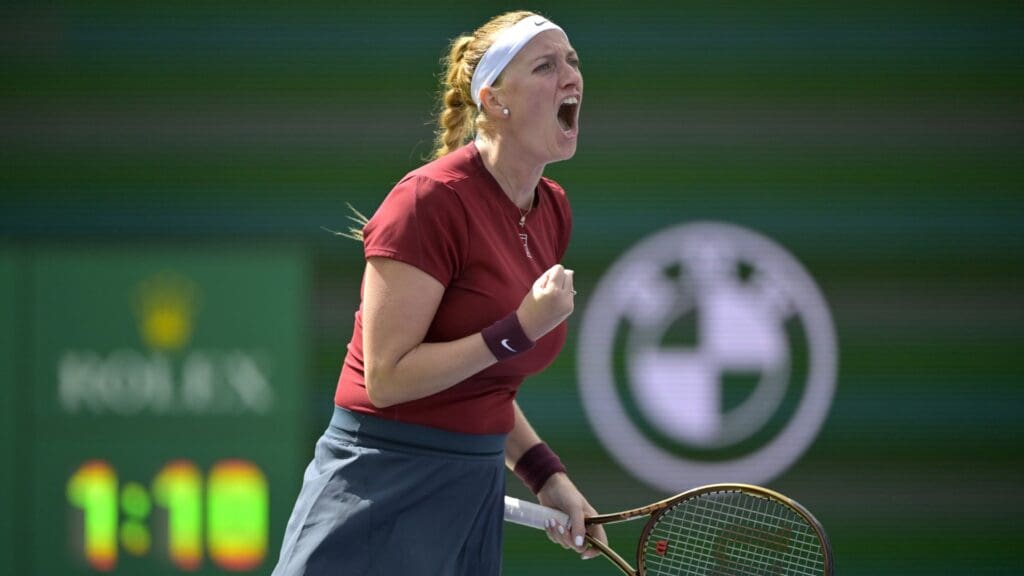 Mar 5, 2025; Indian Wells, CA, USA; Petra Kvitova (CZE) reacts after winning a point against Varvara Gracheva (not pictured) in her first round match during the BNP Paribas Open at the Indian Well Tennis Garden.