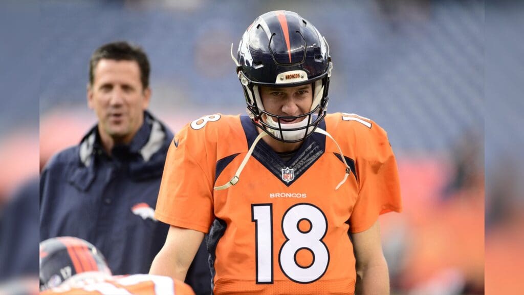 Sep 3, 2015; Denver, CO, USA; Denver Broncos quarterback Peyton Manning (18) before the preseason game against the Arizona Cardinals at Sports Authority Field at Mile High.