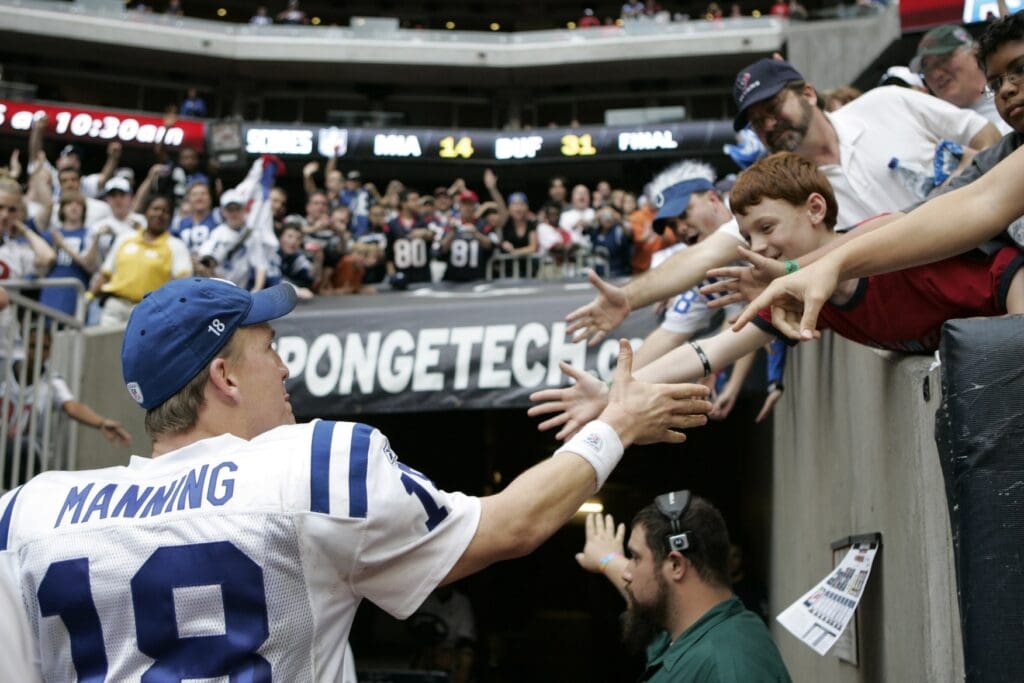 Nov 29, 2009; Houston, TX, USA; Indianapolis Colts quarterback Peyton Manning (18) talks to fans after a game against the Houston Texans at Reliant Stadium. The Colts defeated the Texans 35-27.