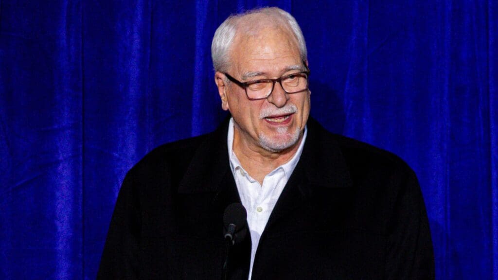 Feb 8, 2024; Los Angeles, CA, USA; Former Los Angeles Lakers head coach Phil Jackson speaks during a ceremony for the unveiling of a statue for former Los Angeles Lakers guard Kobe Bryant at Star Plaza outside of Crypto.com Arena.