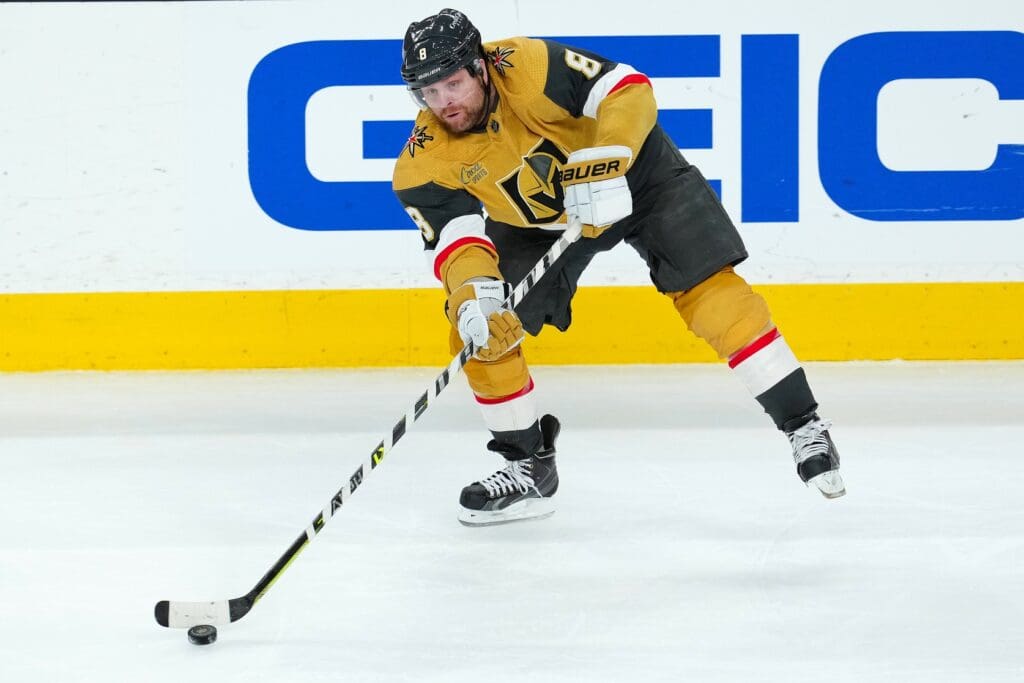 Apr 6, 2023; Las Vegas, Nevada, USA; Vegas Golden Knights right wing Phil Kessel (8) skates against the Los Angeles Kings during the third period at T-Mobile Arena.
