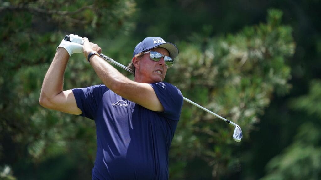 Jun 26, 2020; Cromwell, Connecticut, USA; Phil Mickelson plays from the 5th tee box during the second round of the Travelers Championship golf tournament at TPC River Highlands.