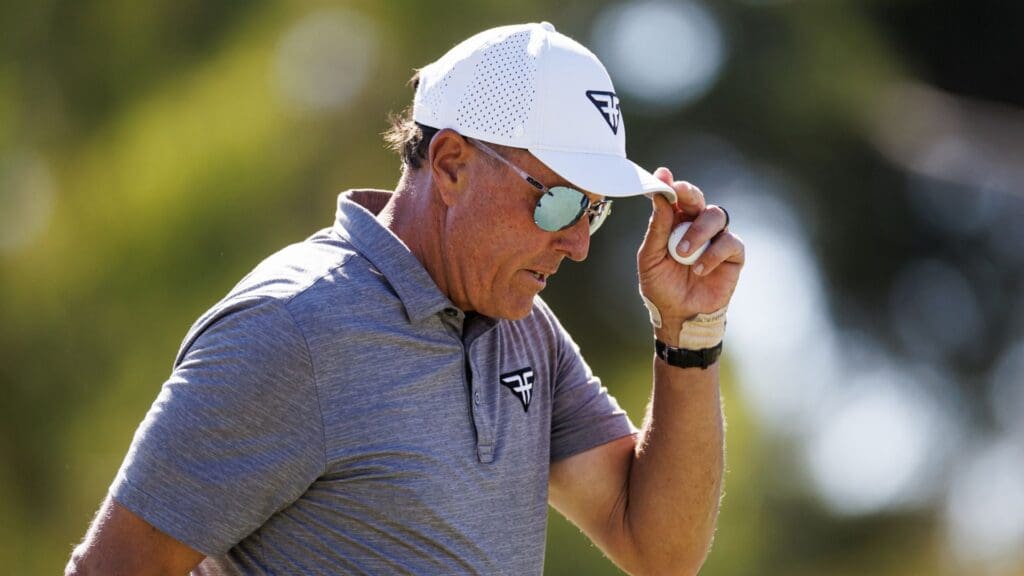 Apr 22, 2023; Adelaide,South Australia, AUS; Phil Mickelson of Team Hyflyers acknowledges the crowd during the second round of LIV Golf Adelaide golf tournament at Grange Golf Club
