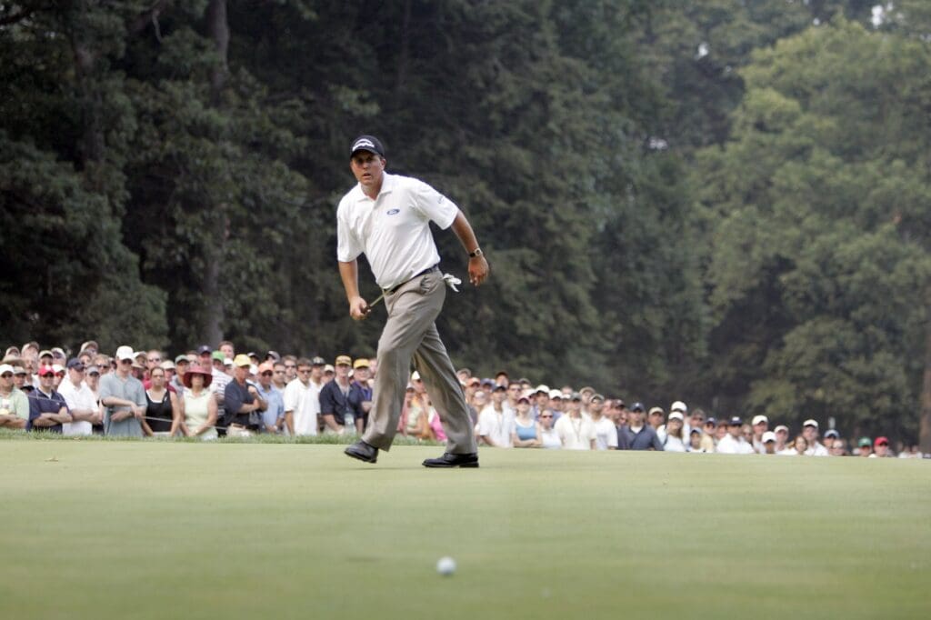 Aug 13, 2005; Springfield, NJ, USA; Phil Mickelson reacts to a missed birdie putt on the 5th hole during the 3rd round of the 87th PGA Championship at Baltusrol Golf Club.
