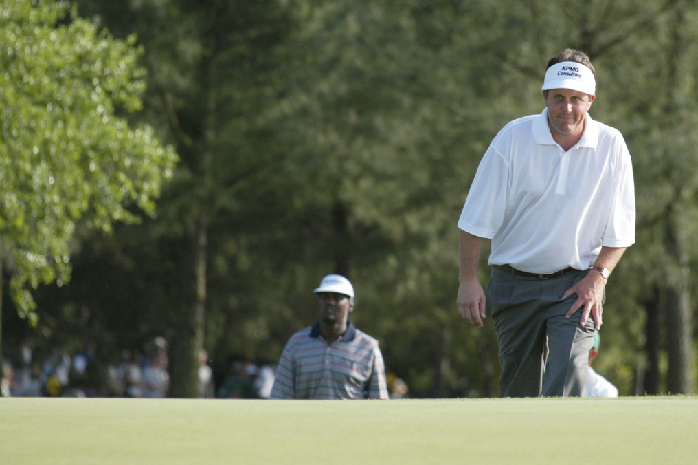 April 14, 2002; Augusta, GA, USA; Phil Mickelson couldn't overcome Tiger Woods during the final round of the 2002 Masters.