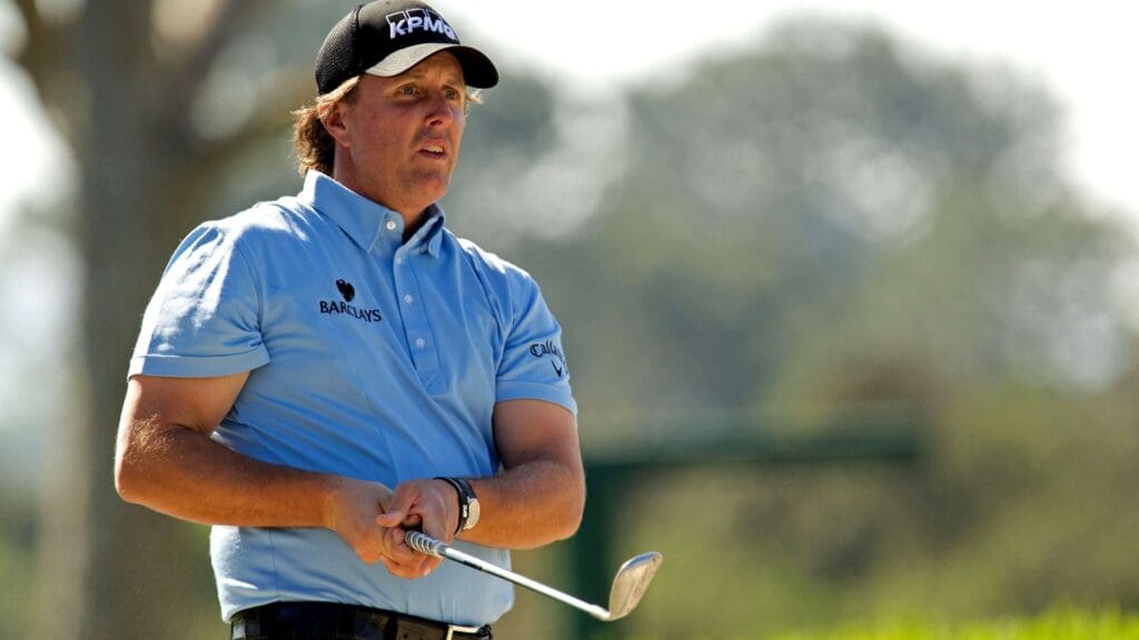 January. 30, 2010; La Jolla, CA, USA; Phil Mickelson after playing from the greenside bunker of the eighth hole during the third round of the Farmers Insurance Open on the Torrey Pines South Golf Course.