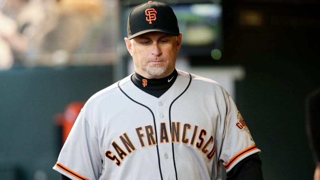 Apr 22, 2017; Denver, CO, USA; San Francisco Giants third base coach Phil Nevin (16) in the fifth inning against the Colorado Rockies at Coors Field.