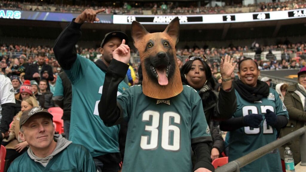Oct 28, 2018; London, United Kingdom; Philadelphia Eagles fan with an underdog mask poses during the NFL International Series game against the Jacksonville Jaguars at Wembley Stadium.