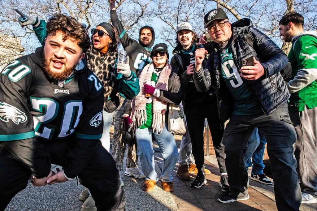 Fans celebrate the Philadelphia Eagles Super Bowl Championship with a parade along Benjamin Franklin Parkway set to end at the Philadelphia Museum of Art on Friday, Feb. 14, 2025.