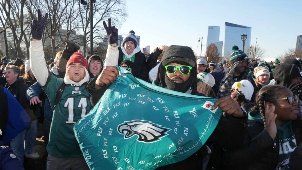 Feb 14, 2025; Philadelphia, PA, USA; Philadelphia Eagles fans watch during the Super Bowl LIX championship rally at the Philadelphia Museum of Art