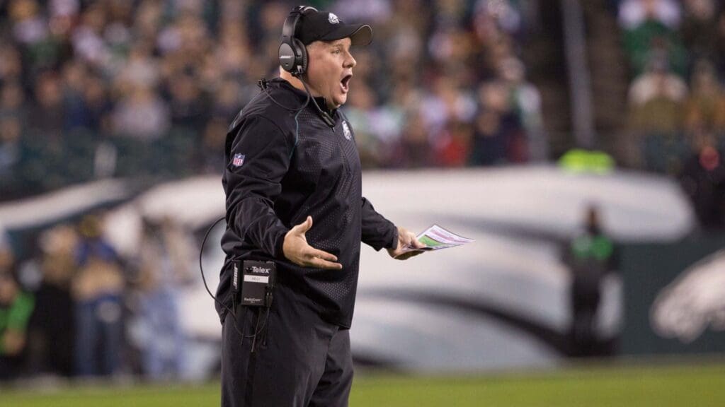 Dec 26, 2015; Philadelphia, PA, USA; Philadelphia Eagles head coach Chip Kelly reacts against the Washington Redskins at Lincoln Financial Field. The Redskins won 38-24.
