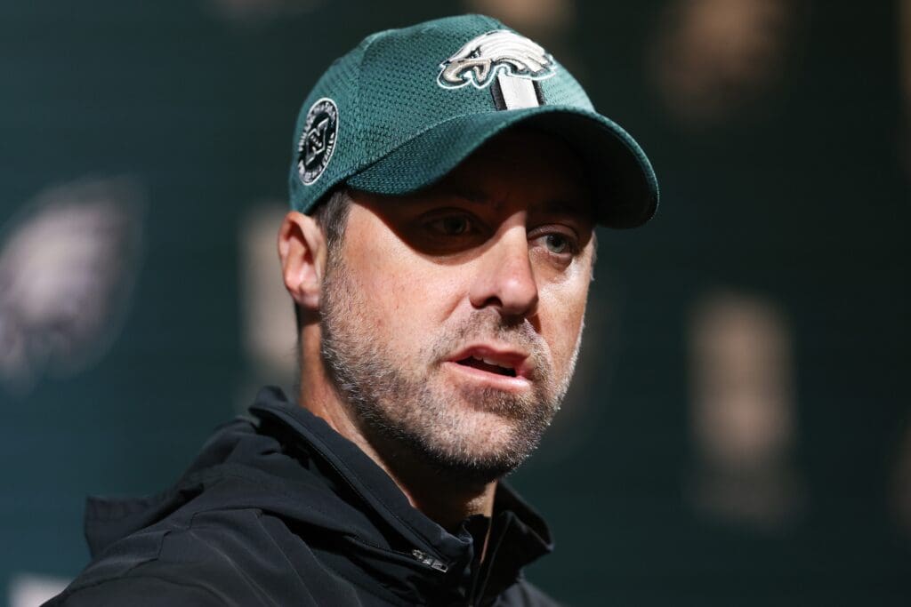 May 28, 2025; Philadelphia, PA, USA; Philadelphia Eagles offensive coordinator Kevin Patullo speaks with the media at NovaCare Complex.