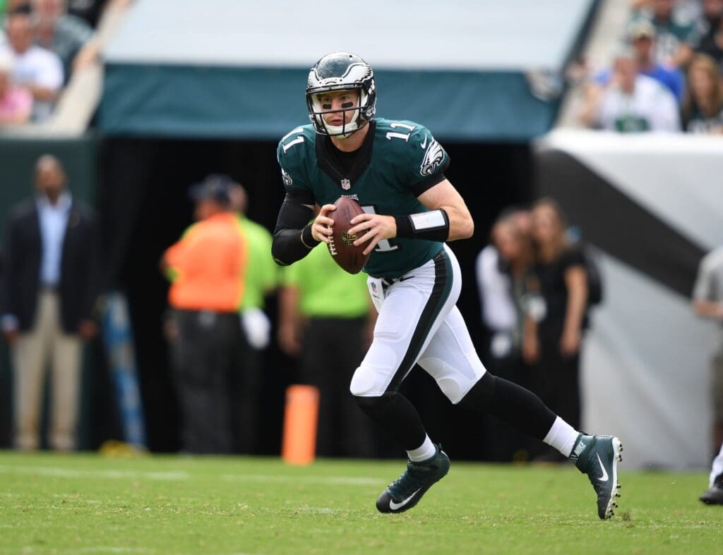 Sep 11, 2016; Philadelphia, PA, USA; Philadelphia Eagles quarterback Carson Wentz passes against the Cleveland Browns at Lincoln Financial Field.