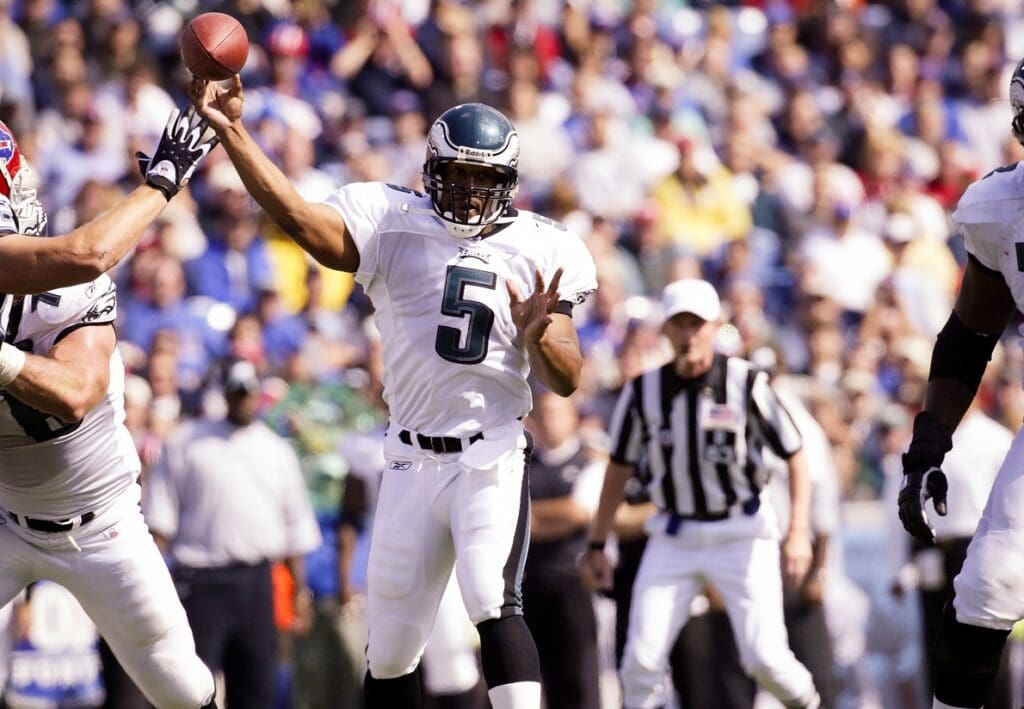 Sep 28, 2003; Orchard Park, NY, USA: FILE PHOTO; Philadelphia Eagles quarterback Donovan McNabb (5) throws the ball against the Buffalo Bills at Ralph Wilson Stadium.
