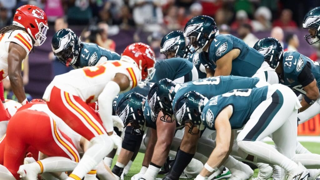 Feb 9, 2025; New Orleans, LA, USA; Philadelphia Eagles quarterback Jalen Hurts (1) lines up for the tush push play on the goal line against the Kansas City Chiefs during Super Bowl LIX at Ceasars Superdome.