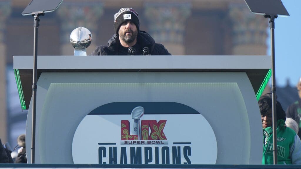 Feb 14, 2025; Philadelphia, PA, USA; Philadelphia Eagles head coach Nick Sirianni speaks while holding the Vince Lombardi Trophy during the Super Bowl LIX championship parade and rally.