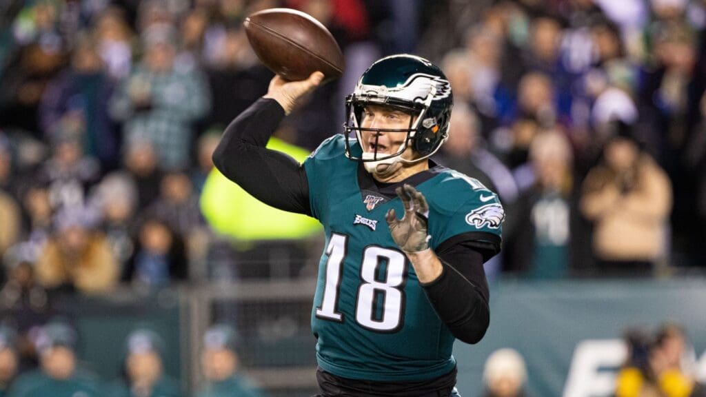 Jan 5, 2020; Philadelphia, Pennsylvania, USA; Philadelphia Eagles quarterback Josh McCown (18) passes the ball against the Seattle Seahawks during the second quarter in a NFC Wild Card playoff football game at Lincoln Financial Field.