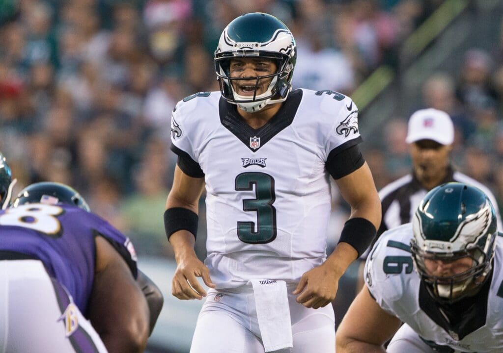 Aug 22, 2015; Philadelphia, PA, USA; Philadelphia Eagles quarterback Mark Sanchez (3) runs the offense against the Baltimore Ravens at Lincoln Financial Field. The Eagles won 40-17.