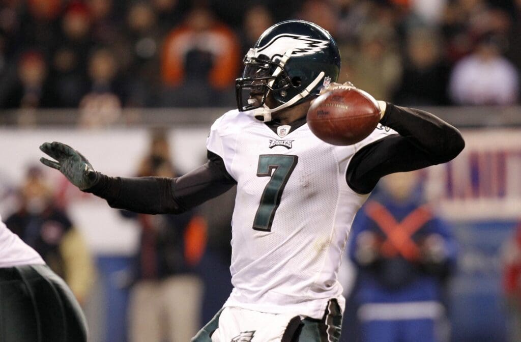 Nov 28, 2010; Chicago, IL, USA; Philadelphia Eagles quarterback Michael Vick (7) drops back to pass against the Chicago Bears during the second half at Soldier Field. The Chicago Bears defeat the Philadelphia Eagles 31-26.