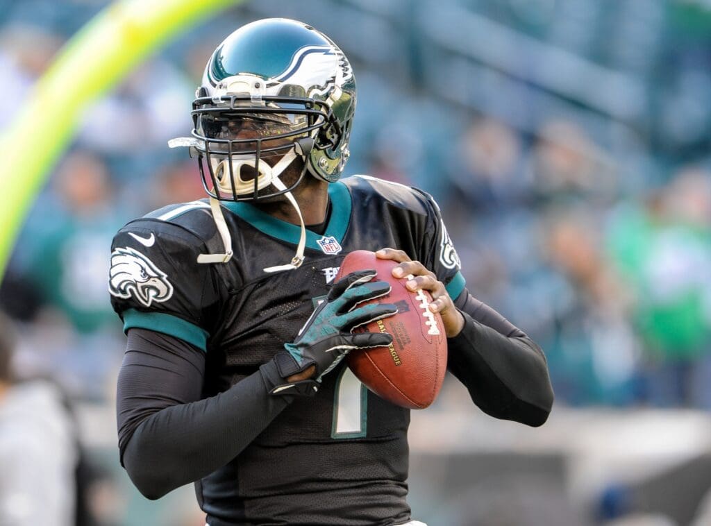 Dec 1, 2013; Philadelphia, PA, USA; Philadelphia Eagles quarterback Michael Vick (7) warms up before the game against the Arizona Cardinals at Lincoln Financial Field.