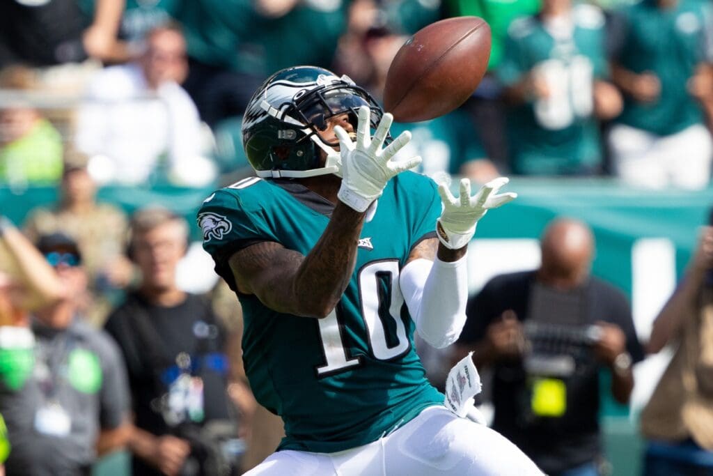 Sep 8, 2019; Philadelphia, PA, USA; Philadelphia Eagles wide receiver DeSean Jackson (10) makes a touchdown reception against the Washington Redskins during the third quarter at Lincoln Financial Field