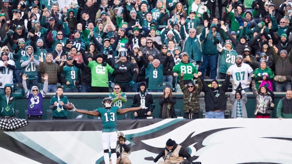 Dec 23, 2018; Philadelphia, PA, USA; Philadelphia Eagles wide receiver Nelson Agholor (13) celebrates in front of fans after an 83 yard touchdown reception against the Houston Texans during the third quarter at Lincoln Financial Field