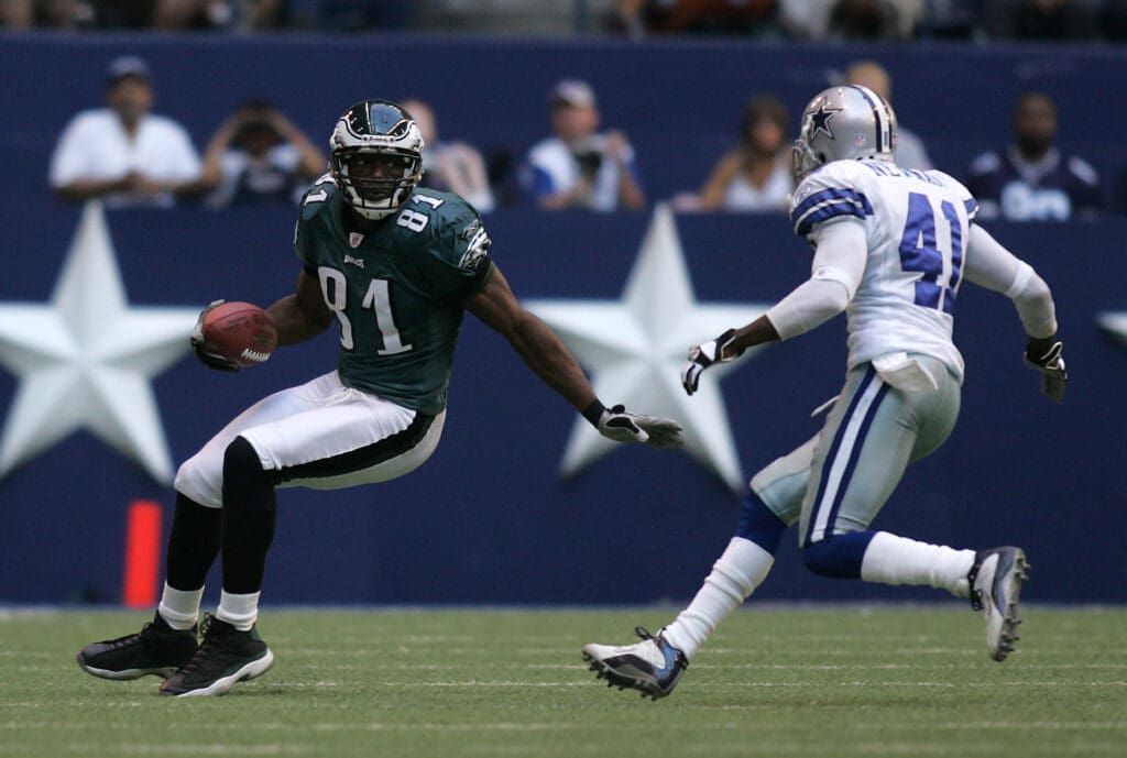Oct. 9, 2005; Irving,TX USA; Philadelphia Eagles wide receiver Terrell Owens #81 runs after catching a pass during the 4th quarter against the Dallas Cowboys at Texas Stadium.