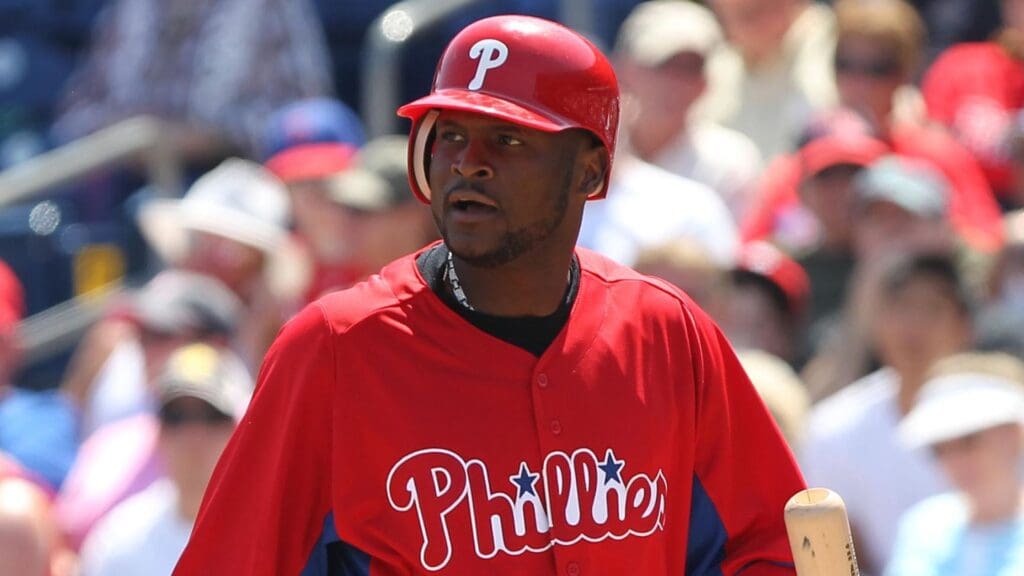 March 24, 2011; Clearwater, FL, USA; Philadelphia Phillies second baseman Luis Castillo (3) strikes out during the spring training game against the Minnesota Twins at Bright House Networks Field.