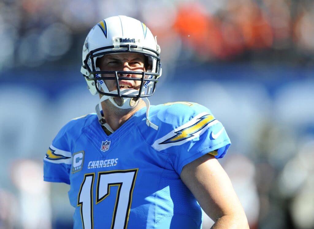 Dec 1, 2013; San Diego, CA, USA; San Diego Chargers quarterback Philip Rivers (17) prior to the game against the Cincinnati Bengals at Qualcomm Stadium.