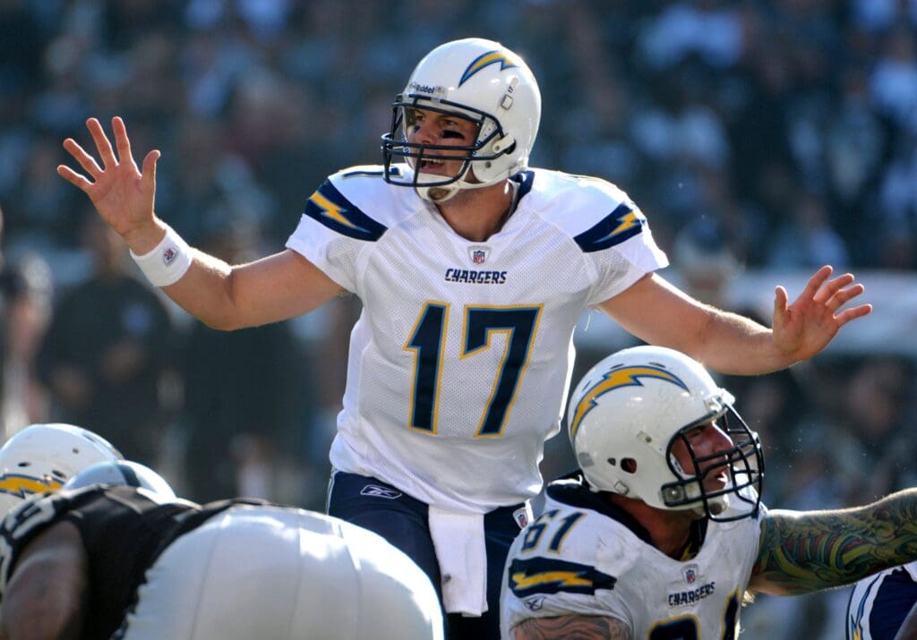 Jan 1, 2012, Oakland, CA, USA; San Diego Chargers quarterback Philip Rivers (17) gestures during the game against the Oakland Raiders at the O.co Coliseum. The Chargers defeated the Raiders 38-26.