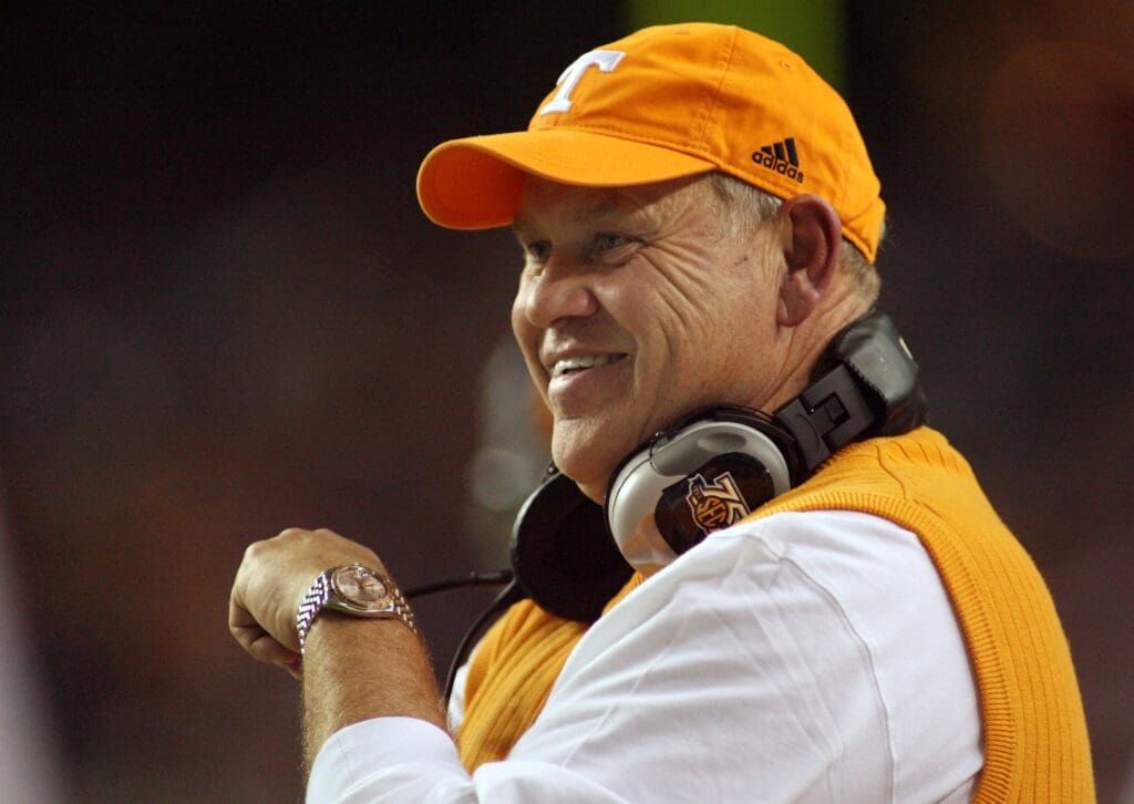 Dec 1, 2007; Atlanta, GA, USA; Tennessee Volunteers head coach Phillip Fulmer on the sidelines against the LSU Tigers during the first half of the SEC Championship game at the Georgia Dome.