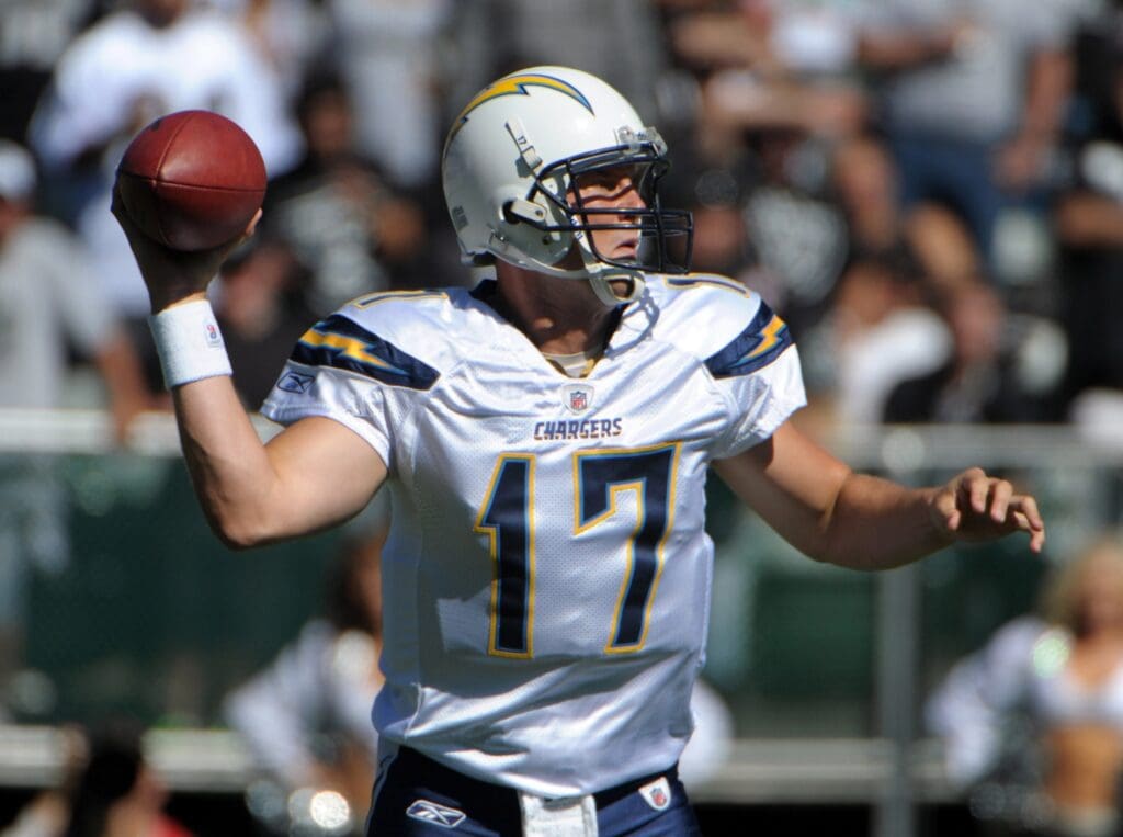Oct 10, 2010; Oakland, CA, USA; San Diego Chargers quarterback Philip Rivers (17) throws a pass during the game against the Oakland Raiders at the Oakland-Alameda County Coliseum. The Raiders defeated the Chargers 35-27.