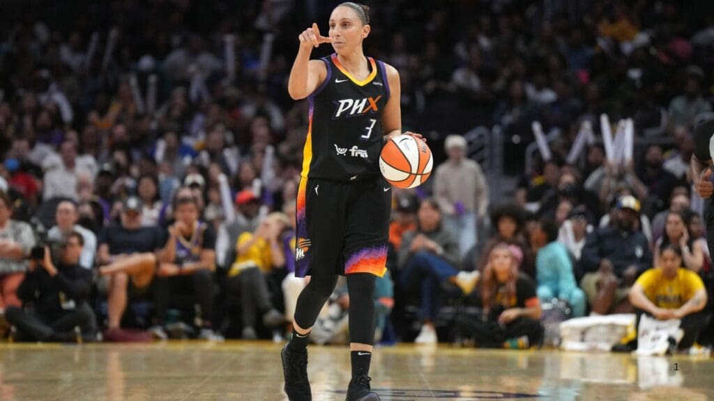 Sep 17, 2024; Los Angeles, California, USA; Phoenix Mercury guard Diana Taurasi (3) dribbles the ball against the LA Sparks in the first half at Crypto.com Arena.