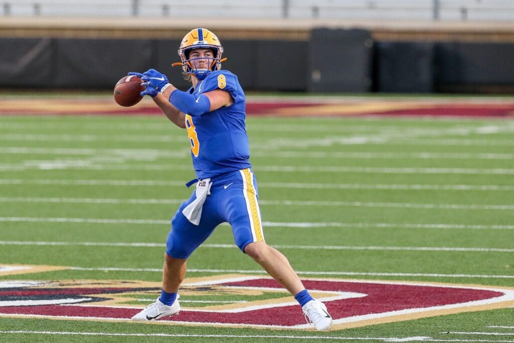 Oct 10, 2020; Chestnut Hill, Massachusetts, USA; Pittsburgh Panthers quarterback Kenny Pickett (8) passes the ball during the first half against the Boston College Eagles at Alumni Stadium.