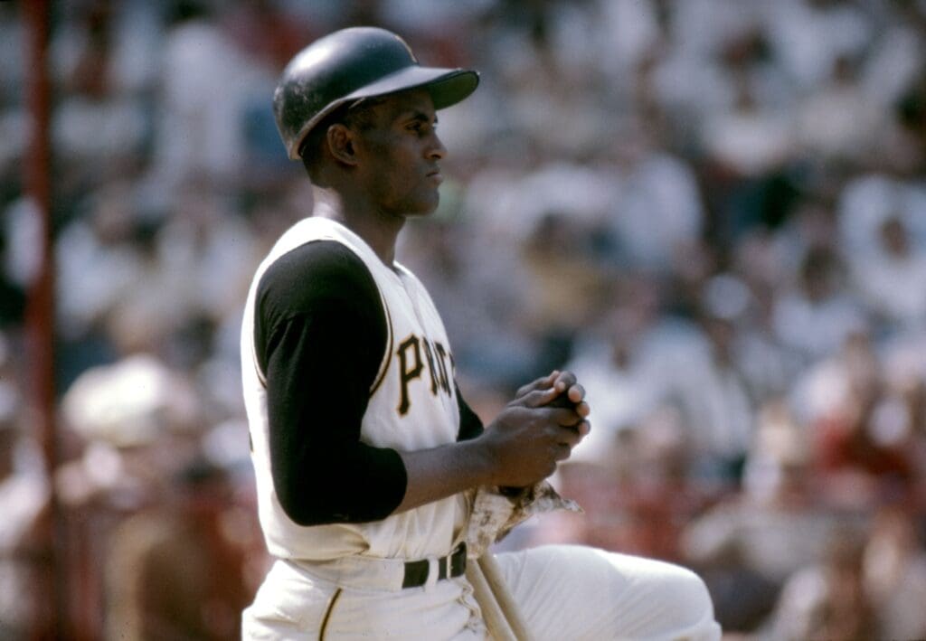 Aug 1967; Pittsburgh, PA, USA; FILE PHOTO; Pittsburgh Pirates right fielder Roberto Clemente on deck at Forbes Field during the 1967 season