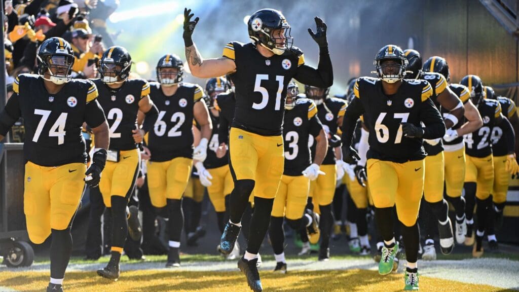 Dec 8, 2024; Pittsburgh, Pennsylvania, USA; Pittsburgh Steelers linebacker Nick Herbig (51) leads the team onto field for a game against the Cleveland Browns at Acrisure Stadium.