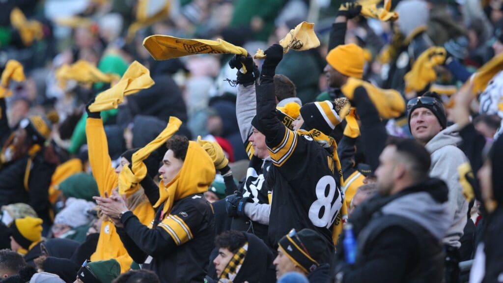 Dec 22, 2019; East Rutherford, New Jersey, USA; Fans of the Pittsburgh Steelers wave their terrible towels during the third quarter against the New York Jets at MetLife Stadium.