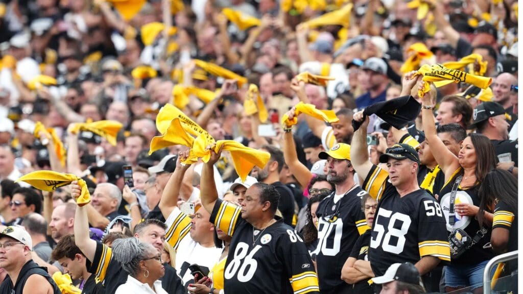 Oct 13, 2024; Paradise, Nevada, USA; Pittsburgh Steelers fans wave towels during a game between the Steelers and the Las Vegas Raiders during the first quarter at Allegiant Stadium.