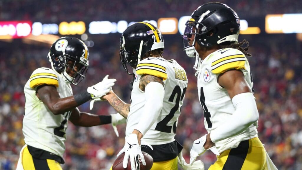Dec 8, 2019; Glendale, AZ, USA; Pittsburgh Steelers cornerback Joe Haden (23) celebrates an interception with teammates against the Arizona Cardinals in the second half at State Farm Stadium.