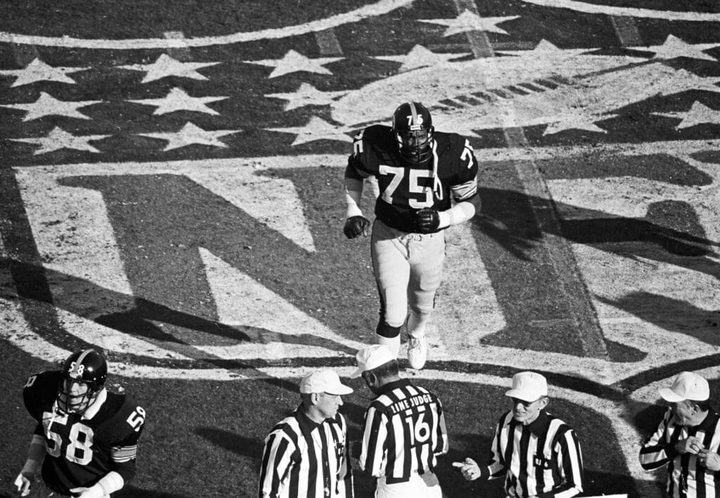 Jan 20, 1980; Pasadena, CA, USA; FILE PHOTO; Pittsburgh Steelers defensive tickle Joe Greene (75) on the field during Super Bowl XIV against the Los Angeles Rams at the Rose Bowl. The Steelers defeated the Rams 31-19.