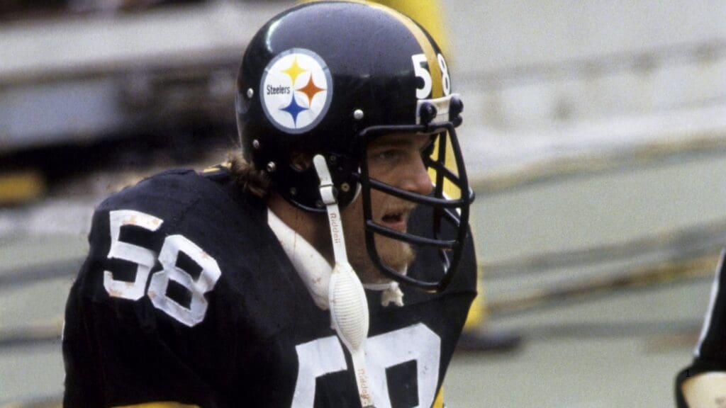 Jan 1979; Pittsburgh, PA, USA; FILE PHOTO; Pittsburgh Steelers linebacker Jack Lambert (58) sits on the bench against during the 1978 season at Three Rivers Stadium.