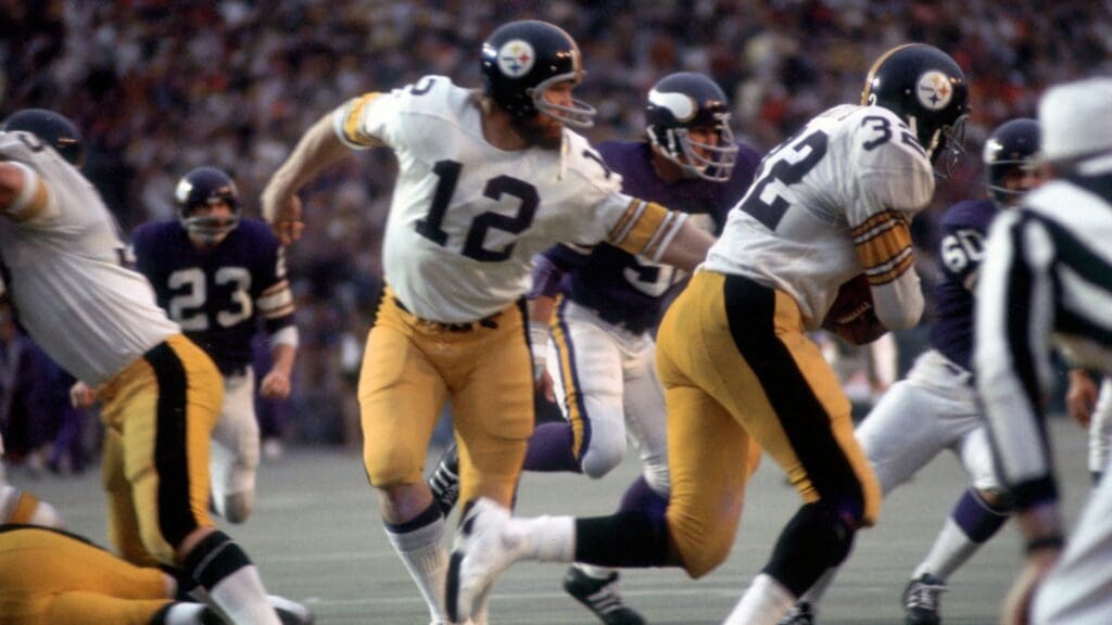Jan 12, 1975; New Orleans, LA, USA; Pittsburgh Steelers quarterback (12) Terry Bradshaw in action during Super Bowl IX against the Minnesota Vikings at Tulane Stadium. Pittsburgh went on to their first Super Bowl Championship defeating the Vikings 16-6