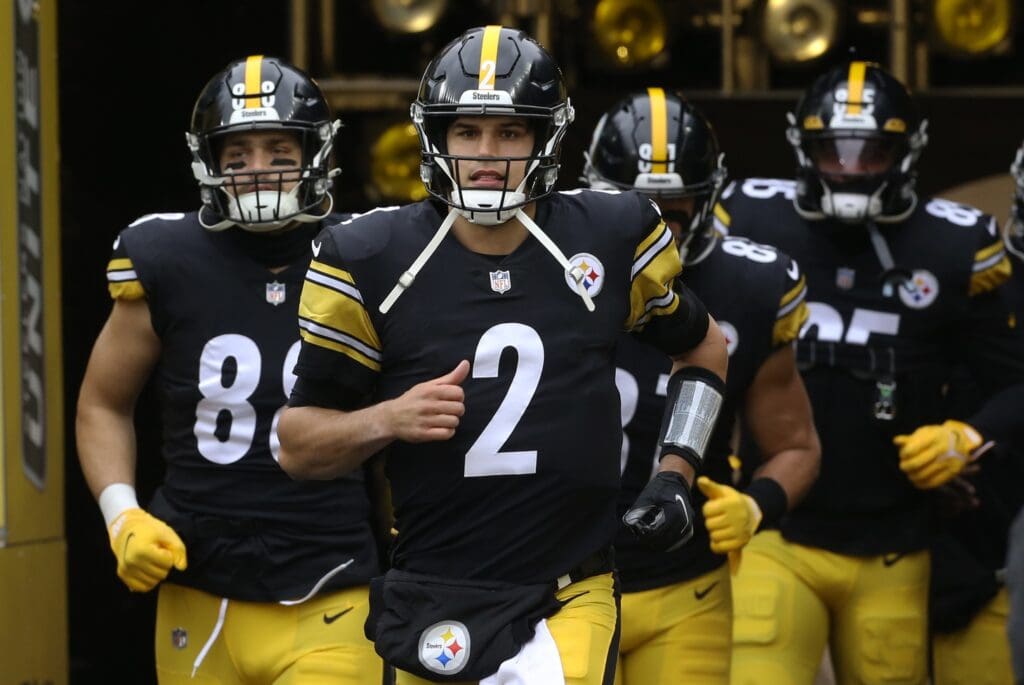 Nov 14, 2021; Pittsburgh, Pennsylvania, USA; Pittsburgh Steelers quarterback Mason Rudolph (2) leads the team from the tunnel to warm up before the game against the Detroit Lions at Heinz Field.