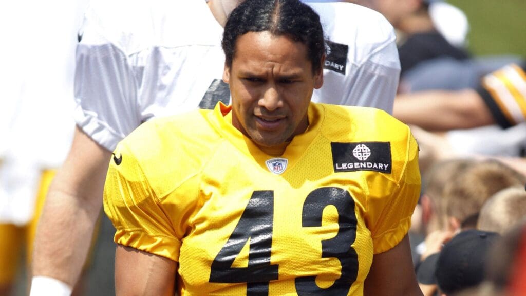 Aug 12, 2013; Latrobe, PA, USA; Pittsburgh Steelers strong safety Troy Polamalu (43) shakes hands as he makes his way to the field to participate in drills at Saint Vincent College.