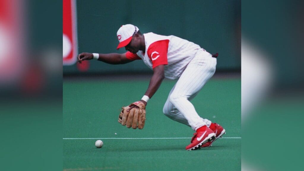 MARCH 31, 1998: Cincinnati Reds Pokey Reese can not hold onto a ball in the second inning of play with the San Diego Padres on Opening Day. Title Opening Day 1998