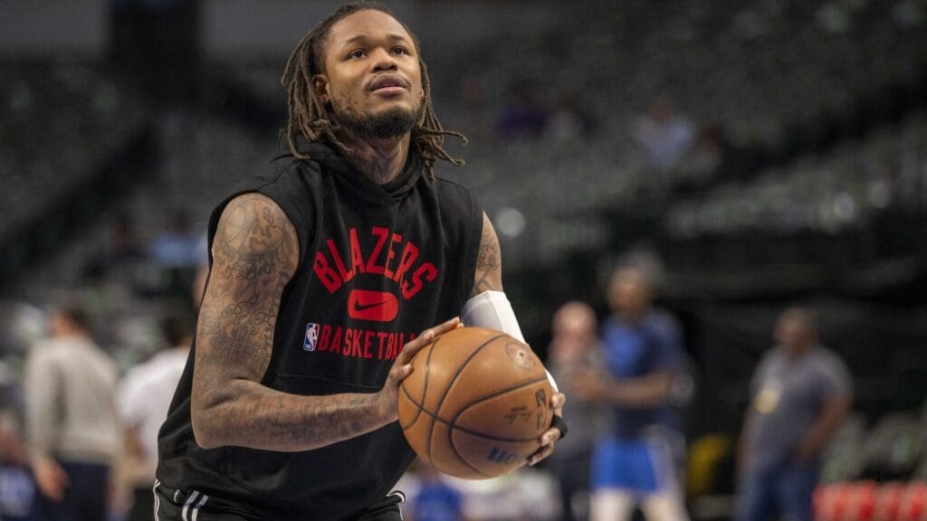 Apr 8, 2022; Dallas, Texas, USA; Portland Trail Blazers guard Ben McLemore (23) warms up before the game between the Dallas Mavericks and the Portland Trail Blazers at the American Airlines Center.