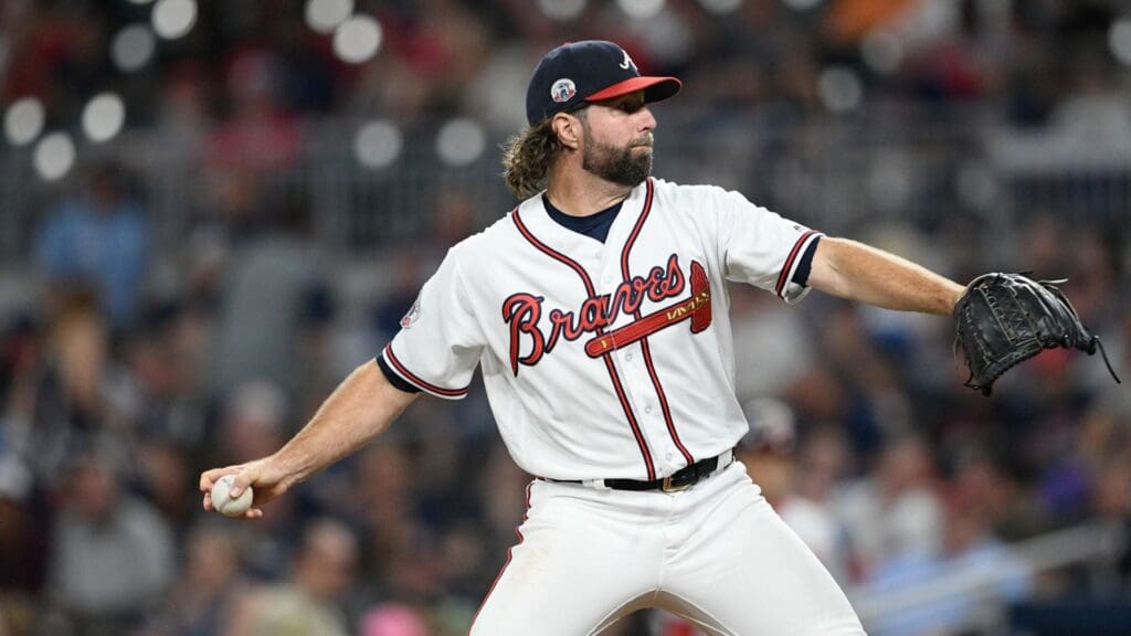 Sep 21, 2017; Atlanta, GA, USA; Atlanta Braves starting pitcher R.A. Dickey (19) pitches against the Washington Nationals during the sixth inning at SunTrust Park.